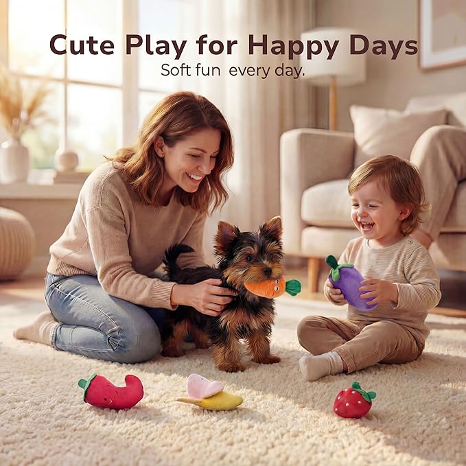 Pets&Goods Plush Squeaky Dog Toys – 5-Pack Fruit & Veggie Set for Puppies & Small Dogs – Soft, Crinkle, Durable Toys for Indoor Play, Teething Puppies & Dog Gifts