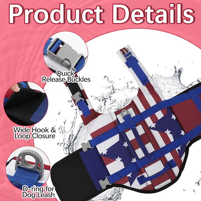 EMUST Dog Life Vests, Adjustable Dog Life Jacket with Rescue Handle, Dogs Flotation Vest for Small/Medium/Large Dogs, XS, FlagStar