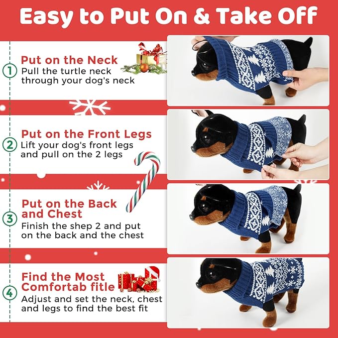 Christmas Dog Sweaters for Small Medium Large Dogs and Cats,Pet Soft Warm Holiday Outfit Girl & Boy,Pup Winter Clothes Turtleneck Double Knitting Collar for Outdoors Playing (Blue,XX-Small)