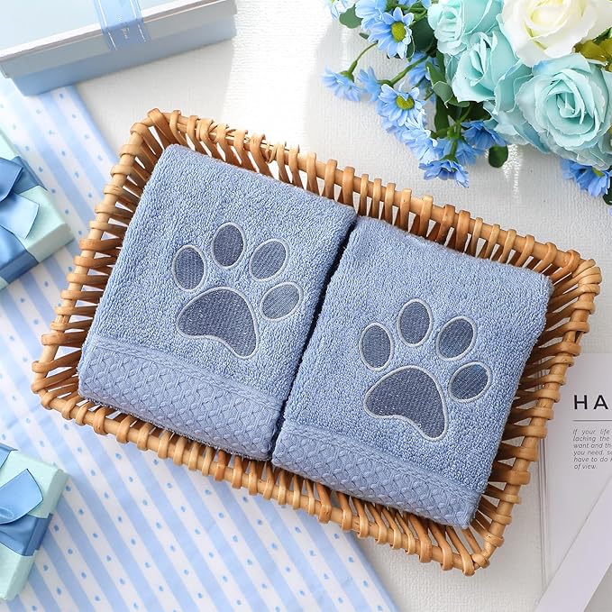 2 Pcs Dog Paw Hand Towels Blue Bathroom Decor 13 x 29 Inch 100% Cotton Embroidered Hand Towels Soft Absorbent Farmhouse for Kitchen Restroom