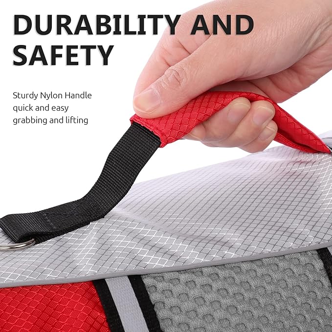 Queenmore Dog Life Jacket Swimming Vest Small Medium Dogs Neoprene Life Vest Lightweight Reflective Dog Lifesaver for Boating Kayaking Red,S
