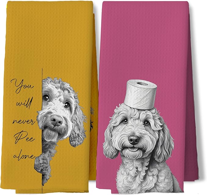 Orange and Pink Funny Goldendoodle Gifts Bathroom Hand Towels, Goldendoodle Gifts Decorative Hand Tea Towels for Bath Room Washroom Restroom Toilet, Dog Bathroom Decor，16x24 Inches Set of 2