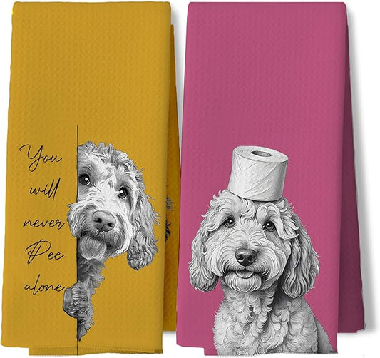 Orange and Pink Funny Goldendoodle Gifts Bathroom Hand Towels, Goldendoodle Gifts Decorative Hand Tea Towels for Bath Room Washroom Restroom Toilet, Dog Bathroom Decor，16x24 Inches Set of 2