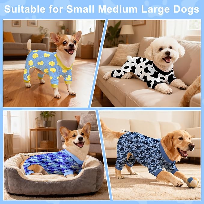 Bienbee Dog Pajamas, 4 Pack Dog Recovery Suit Shedding Suit Cute Soft Puppy Clothes Dogs Pjs Onesies Jammies Adjustable Breathable & Stretchy Clothes for Small Medium Large Dogs Girl Boy Puppy-M