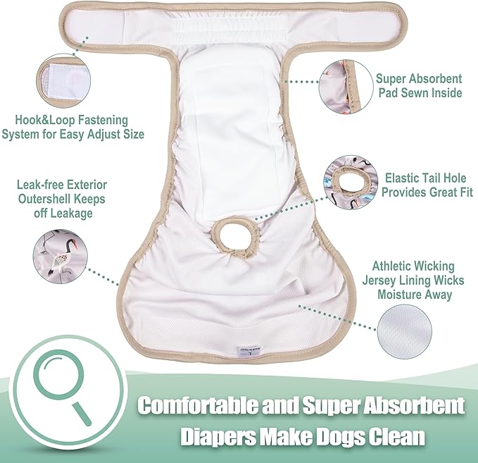 wegreeco Washable Female Dog Diapers Highly Absorbent Reusable Diapers for Dog in Heat Period, 3 Pack (Flamingoes, Small)