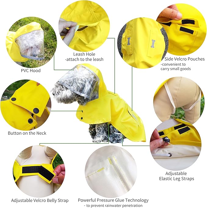 Dog Raincoat,Waterproof Rain Poncho with Hoodie, High Reflective Adjustable Pet Rain Jacket with Leash Hole for Small Medium and Large Dogs (Yellow, Small)