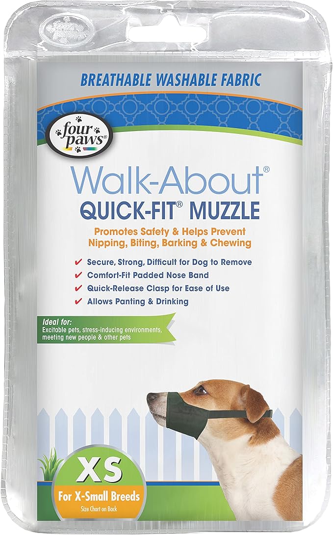 Four Paws Walk-About Quick-Fit Adjustable Dog Muzzle for X-Small Dogs, Washable & Breathable, Black, 1 Count