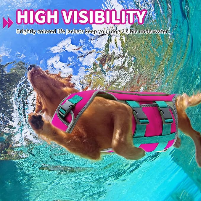 Dog Life Vest for Swimming, High Flotation Dog Life Jacket for Large Dogs Good Visibility Reflective Dogs Floating Vest, Adjustable Neoprene Pet Swimsuit with Rescue Handle (Rosepink, L)