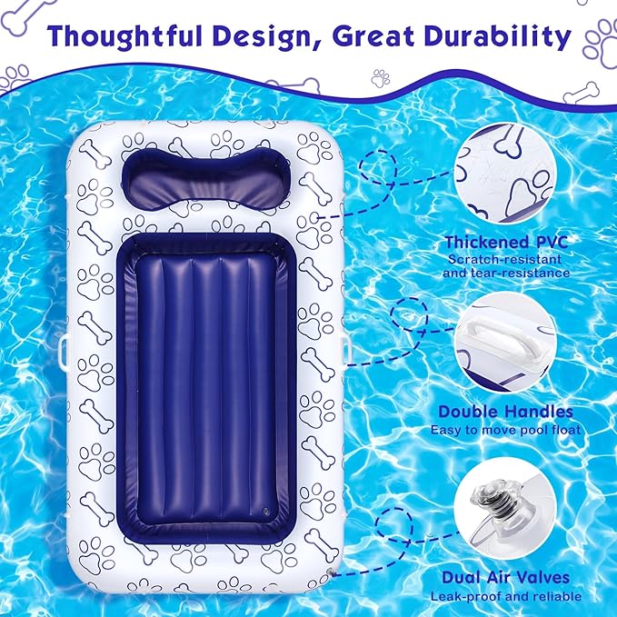 MoKo Dog Pool Float, 59 x 35 Inch Pool Floats for Small, Medium and Large Dogs, Floating Bed with Built-in Storage Area for Pet Toys and Food, Inflatable Dog Pool Float for Lake Camp, Blue Bone Claw
