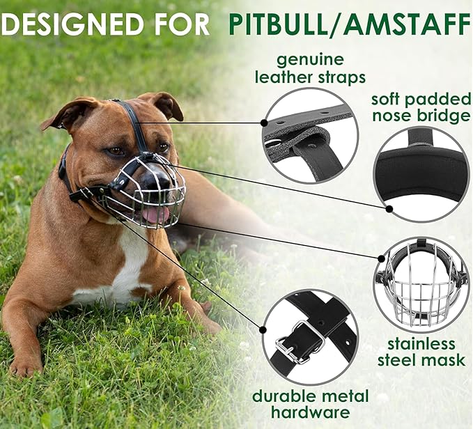 BRONZEDOG Pitbull Dog Muzzle Metal Mask Amstaff Wire Basket Pit Bull Adjustable Leather Straps for Large Dogs (Graphite Metal)