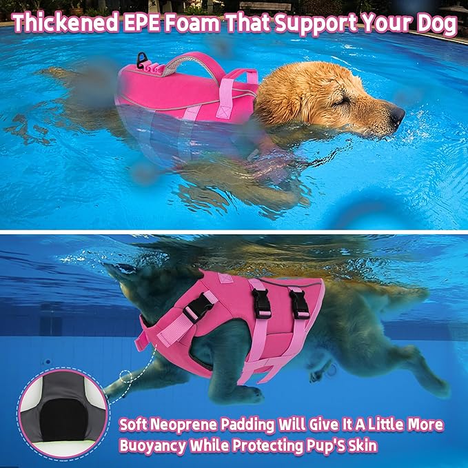 Dogcheer Dog Life Jacket with Double Rescue Handle, Reflective Dog Harness Life Vest for Swimming Boating, Adjustable Pet Swim Vest Dog Flotation Device DFD for Small Medium Large Dogs - Pink L