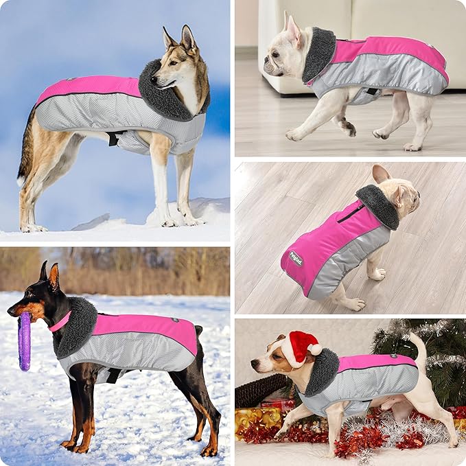 Dog Coat, Waterproof Ripstop Dog Winter Jacket with Leash Hole, Reflective Adjustable Warm Pet Fleece Snow Sweater for Small Medium Large Dogs - Pink, L