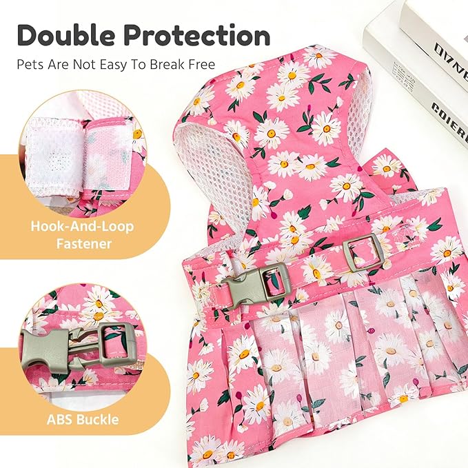 BAEJMJK Dog Dress Bowknot Harness Leash Set for Small Dogs Cats Daisy Floral Girl Dog Dresses Cute Puppy Princess Clothes Pet Doggy Outfits Spring Summer Breathable Dresses(Pink,Small)