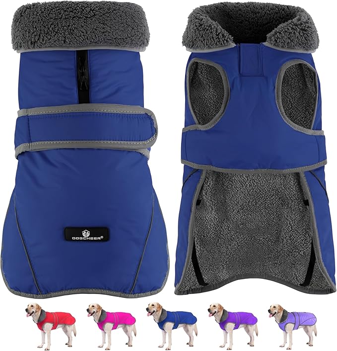 Dogcheer Dog Coat, Waterproof Dog Jacket Reflective Pet Winter Coat with Adjustable Hook & Loop, Christmas Puppy Fleece Jacket Warm Turtleneck Snowsuit for Small Medium Large Dogs - Blue, L