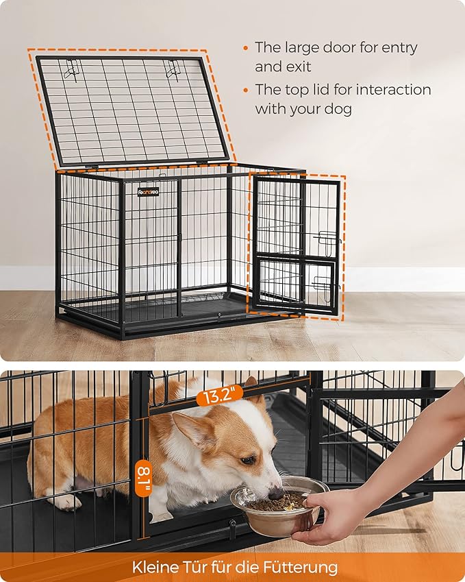 Feandrea 36.4 Inch Heavy Duty Dog Crate, Metal Escape Proof Kennel with Double Doors and Convenient Feeding Door, Removable Tray, Easy to Clean, L Pet Crate for Medium and Small Dogs, Black