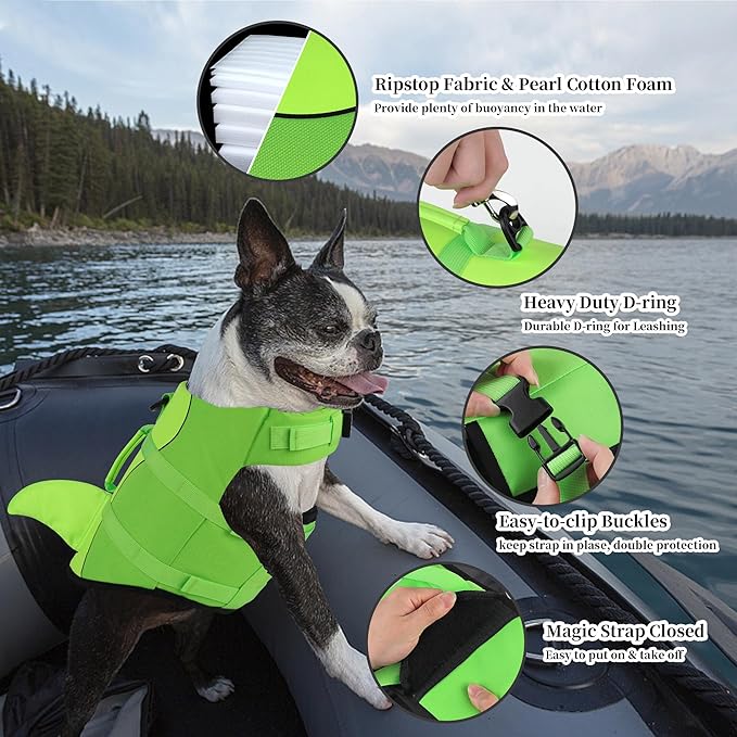 Dogcheer Dog Life Jacket, Cute Shark Dog Life Vest for Swimming Boating with Superior Buoyancy and Rescue Handle, Adjustable Puppy Swim Vest Floating Vest for Small Medium Large Dogs - Green, M