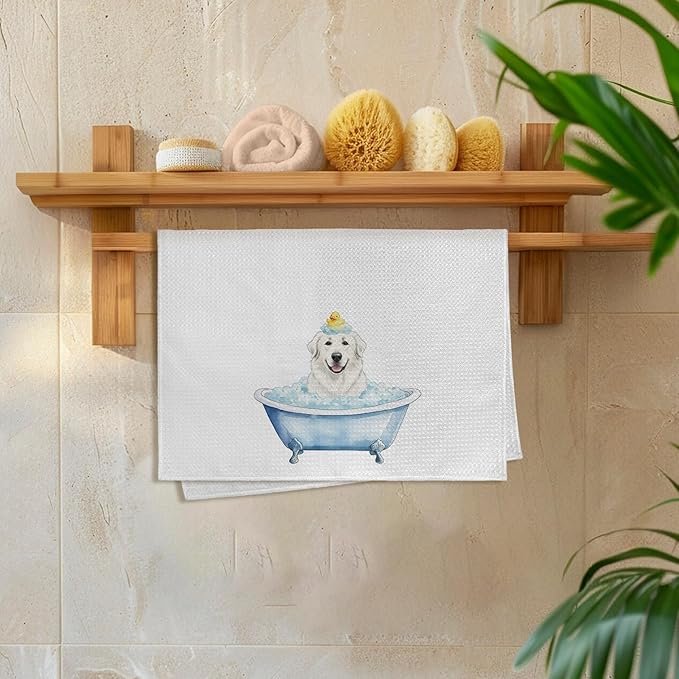 Funny Great Pyrenees Gifts Bathroom Hand Towel, Great Pyrenees Duck Gifts Hand Towel for Bathroom Kitchen Washroom Decor, Funny Dog in Bathtub Dish Tea Towels, 16x24 Inch