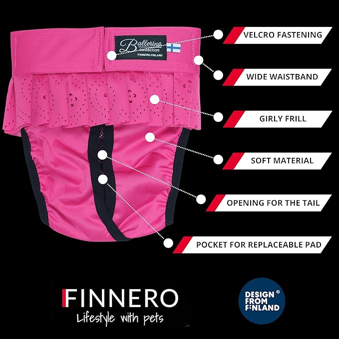 FINNERO Ballerina Dog Diaper – Washable, Reusable, Leak-Proof – Heat, Period & Urine Incontinence Protection – Comfortable, and Stylish Design – Adjustable Fit for Female Dogs – XXS, Dark Pink