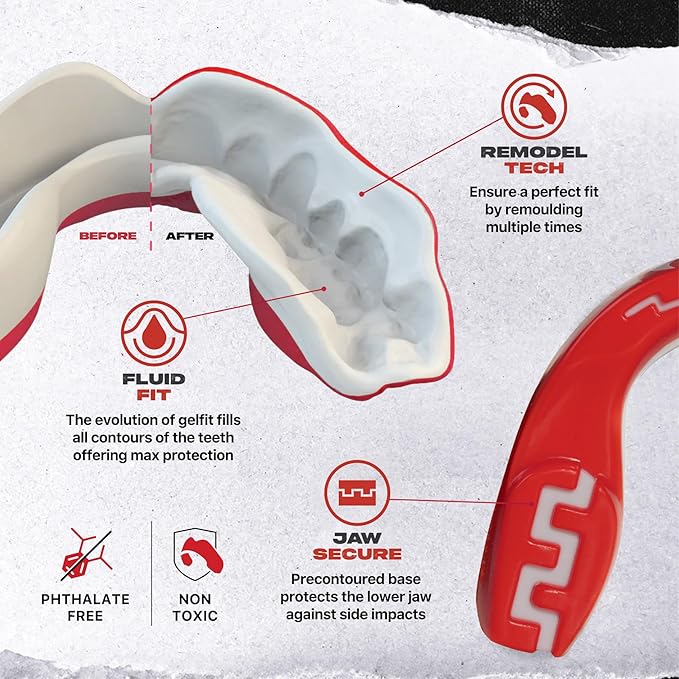 SAFEJAWZ Mouth Guard, Dual Layer Mouthguard for Adults with Case, Easy Fit Remoldable Mouthpiece for Football, Boxing, Lacrosse, MMA, Basketball & All Contact Sports (Adult 12+ Years, Viper Red)
