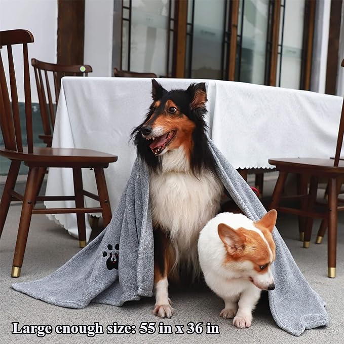 Extra Large Dog Towel Super Absorbent Soft Microfiber Pet Bath Grooming Towels for Drying Dogs and Other Pets (XL-55" * 36", Grey)