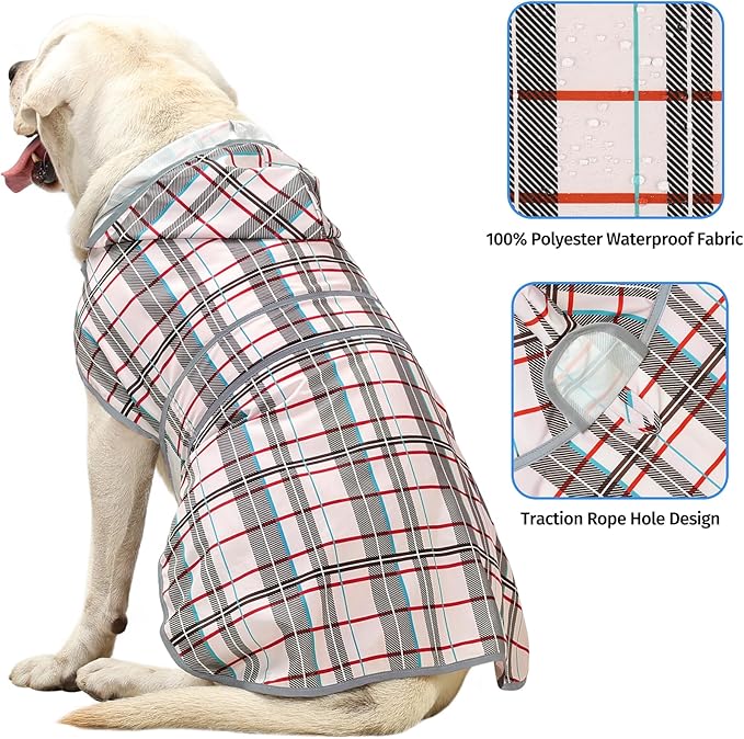 Dog Raincoat for Large Dogs Waterproof Jacket Hooded Rain Coats with Reflective Strips Leash Hole & Poncho Adjustable Fit (Plaid,XXL)