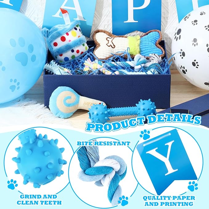 23 Pcs Dog Birthday Toy Set Cake Teething Squeak Interactive Puppy Birthday Party Supplies with Box for Small Medium Dog(Blue)