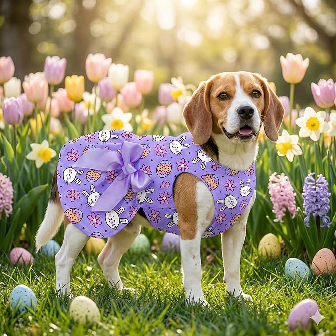 Easter Dog Dress Purple Bunny & Egg Pattern, Cute Spring Girl Puppy Skirt with Large Satin Bow, Soft Breathable Pet Clothes for Small Medium Dogs & Cats, Holiday Party Outfit Apparel