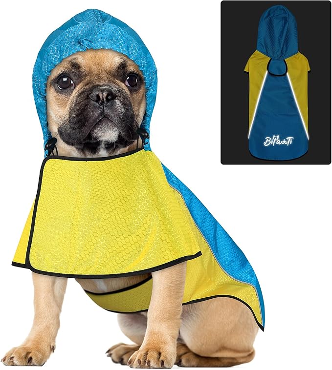 Dog Raincoats Waterproof, Puppy Raincoat for Small Dogs, Reflective Dog Rain Poncho, Safety Pet Rain Jacket, Doggy Raincoat Pet Rain Coats with Hood/Leash Hole/Reflective Strip - Yellow + Blue, S