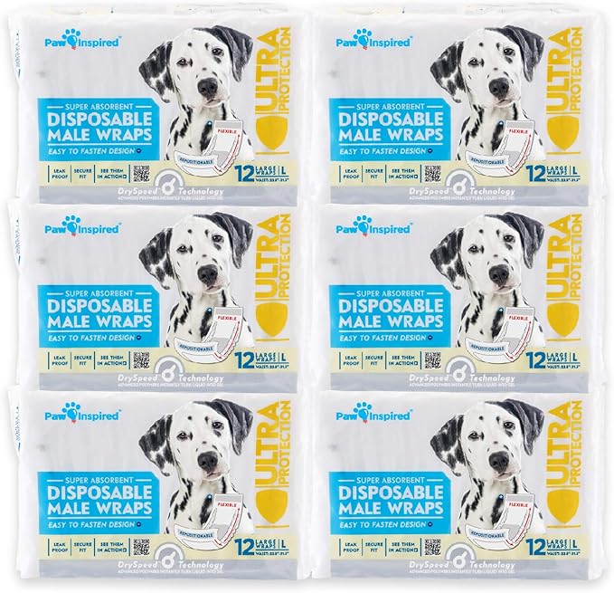 Paw Inspired Disposable Male Dog Wraps, Belly Band for Dogs | Disposable Dog Diapers | Belly Bands for Male Dogs (72 Count, Large)
