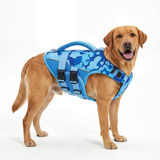 ASENKU Dog Life Jacket, High Floatation Dog Swimming Vest with Rescue Handles for Small Medium Large Dogs, Pet Safety Swimsuit Preserver for Pool Beach Boating (Blue Camo, XL)