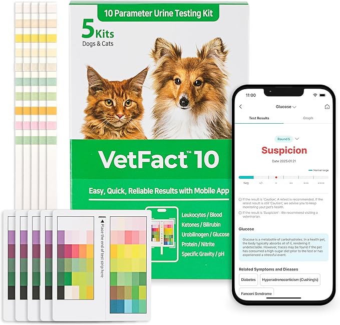 [5Kits] Free Mobile App 10 Parameter Urine Test Strips for Cat & Dog, Cat & Dog UTI Test Strips at Home ; Glucose, Specific Gravity, pH, Ketone, Protein & More