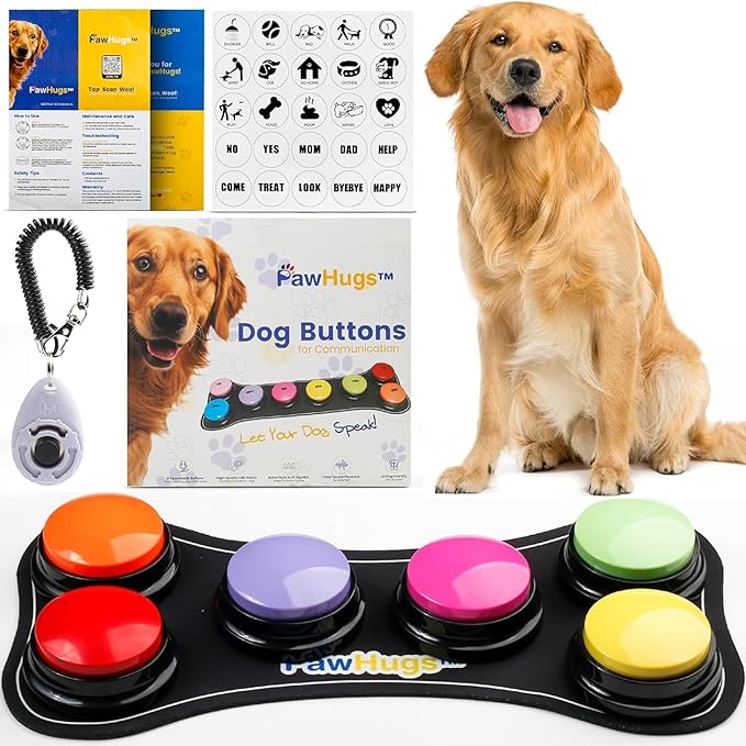 Dog Buttons for Communication with Mat & Clicker – 30s Recordable Dog Buttons Talk, Talking Buttons for Dogs, Gift for Dog Owners with Training Guide, Custom Stickers, and Clear Sound (6-Pack)