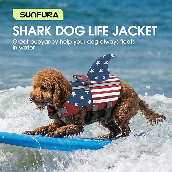 SUNFURA Dog Life Jacket Shark Life Vest for Dogs, Adjustable Swmming Vest with High Buoyancy, Safety Lifesaver with Rescue Handle for French Bulldog Small Medium Breeds, USA Flag S
