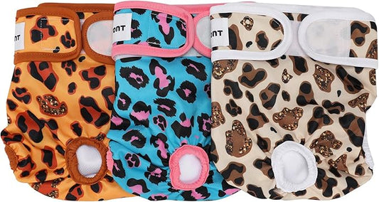 Avont 3 Pack Washable Female Dog Diapers, Premium Reusable Highly Absorbent Doggie Period Panties Durable Dog Diaper Cover -L Leopard Print