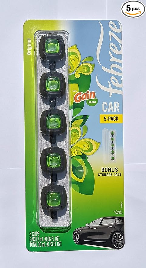 Febreze Car Air Freshener, Set of 5 Gain Scent Clips plus Bonus Storage Case