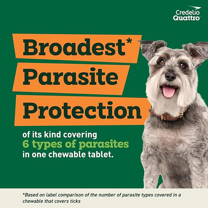 Credelio Quattro Dog Flea & Tick Treatment + Heartworm & Parasite Protection, 12.1-25 lbs (6 Chewable Tablets)