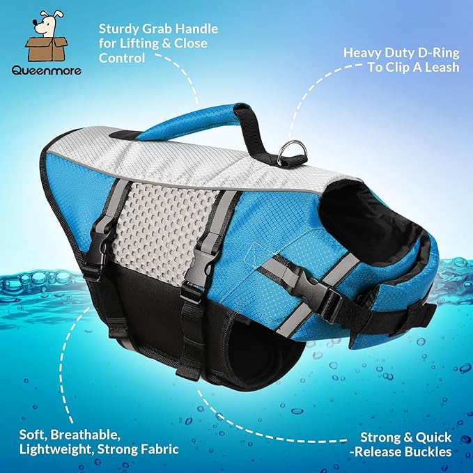 Queenmore Dog Life Jacket Vest for Swimming Boating Kayaking, Small Medium Doggie Puppy Life Preserver Lifesaver Pet PFD Lifejacket Safety Water Vest Pool Floatie (New Blue,XS)