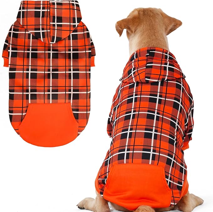 EXPAWLORER Plaid Dog Hoodie - British Style Warm Dog Sweater Shirt with Leash Hole,Pitbull Clothes Outfits,Winter Coat Apparel for All Breeds Puppy Girl Boy-Cat Apparel,Orange XL-XXLarge