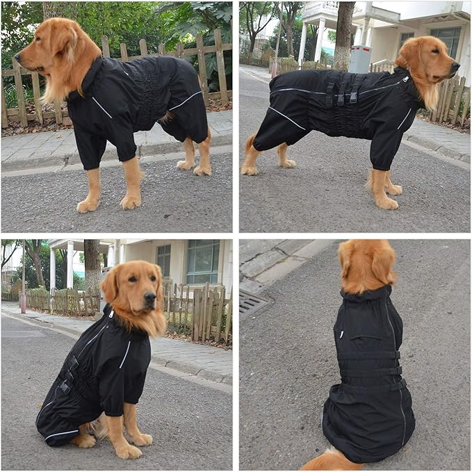 Lovelonglong Waterproof Dog Raincoat – 4-Leg Full Body Dog Rain Suit with Reflective Strips & Leash Opening, Outdoor Dog Jacket for Rainy Weather