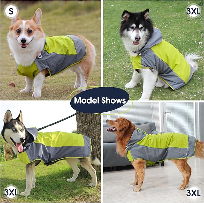IECOii Dog Raincoat, Waterproof & Windproof Dog Rain Jacket with Reflective Strips for Rainy Walks,Pet Rain Poncho with Hood,Quick Dry,Easy to Wear,3XL Fits for Large Breeds,Green,XXXL