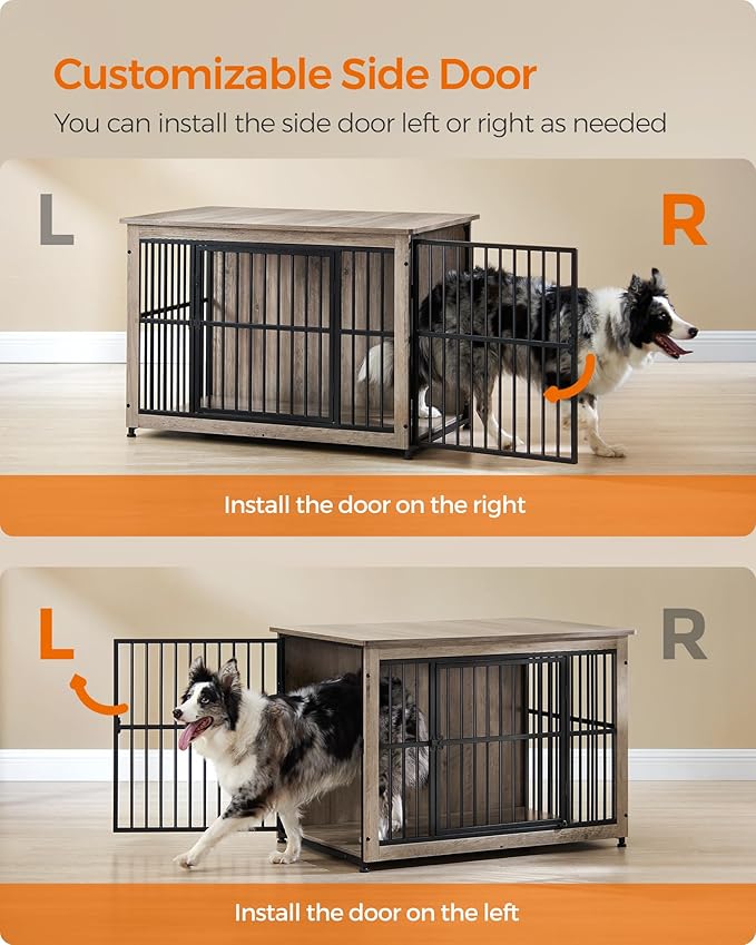 Feandrea 38.6" Dog Crate Furniture, Heavy-Duty Dog Cage Side End Table, XL Pet Wood Kennel for Large and Medium Dogs up to 70 lb with Enclosed Base, Double-Door Pet House, Greige