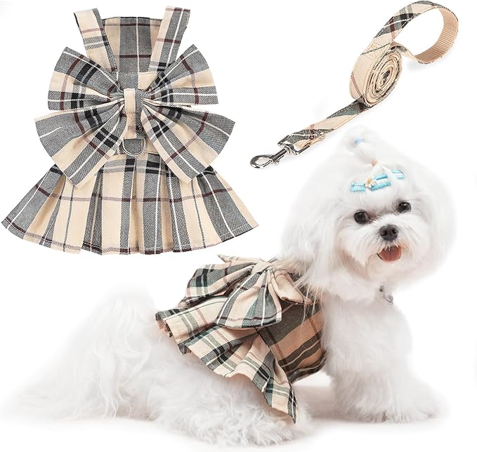 PUPTECK Plaid Dog Dress with Leash - Cute Puppy Harness Clothes for Small Medium Sized Dogs, Outfits for Girl Puppy Wedding Birthday Costume