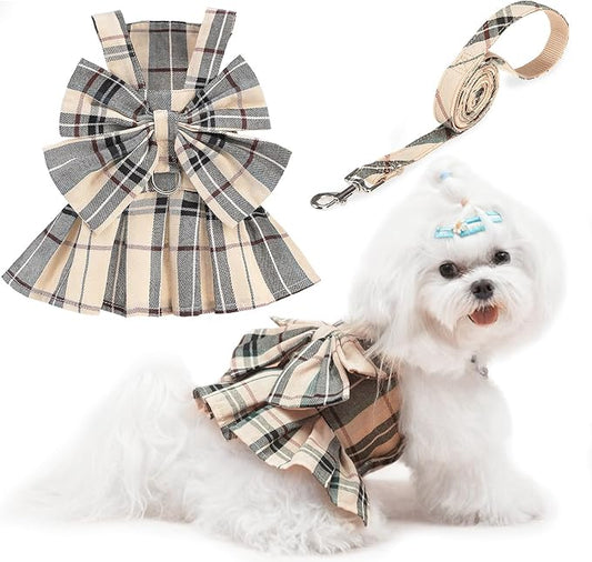 PUPTECK Plaid Dog Dress with Leash - Cute Puppy Harness Clothes for Small Medium Sized Dogs, Outfits for Girl Puppy Wedding Birthday Costume
