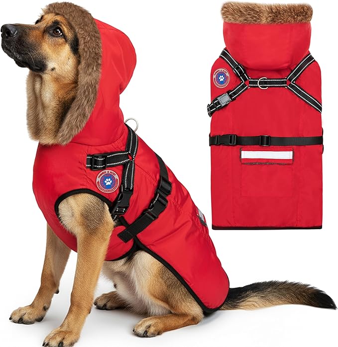 PAWNISAW Dog Winter Coat with Harness Built in, Warm Thick Plush Hooded Dog Snow Jacket for Cold Weather, Windproof Reflective Pet Clothes Outfit for Small, Medium, Large, XL & XXL Dogs Outdoor