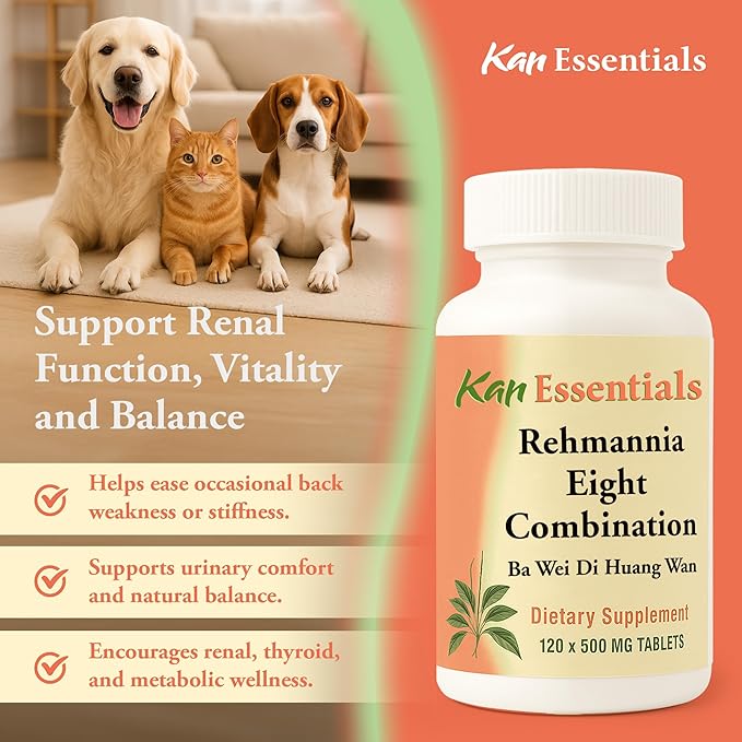 Kan Herb Company Rehmannia Eight Combination – Traditional Chinese Herbal Blend for Dogs & Cats to Support Kidney Health, Vitality, & Hormonal Balance, Herbal Supplement Tablets for Pets, 120 Tablets