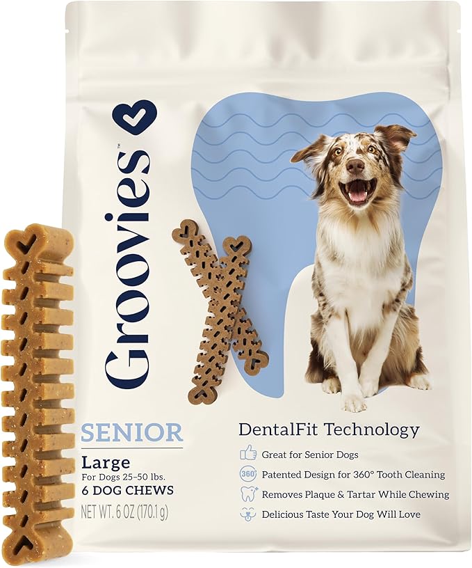 Groovies Gentle & Flexible Senior Dog Dental Chews, Contact-Cleaning Design Supporting Tartar Control & Fresh Breath, Oral Care Treats, USA Manufactured, Patented DentalFit Tech, Large Dogs, 6 Chews