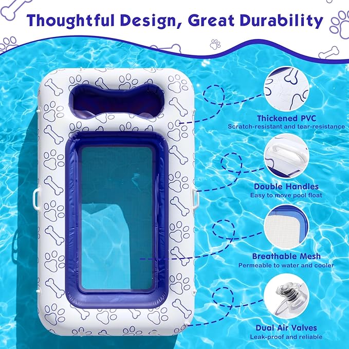 MoKo Dog Pool Float, 59 x 35 Inch Cooling Water Permeable Pet Float, Breathable Mesh Dog Pool Raft with Built-in Storage Area for Pet Toys and Food for Lake Park River Beach, White & Mesh