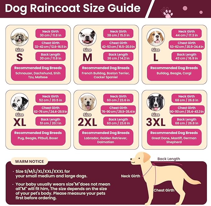 BRKURLEG Dog Raincoat Adjustable Dog Rain Jacket with Hood Dogs Waterproof Rainproof Jacket with Leash Hole Pet Poncho Rain Coat Poncho with Reflective Strip, Rose Red, XXL