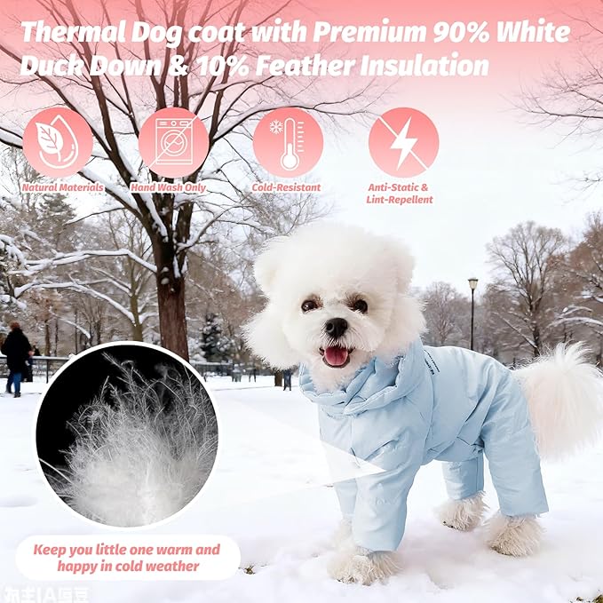 White Duck Down Dog Coat - 4-Leg Coverage, Waterproof Windproof Warm Winter Snowsuit, Cotton Anti-Static Lining, Built-in Harness Hole for Small/Medium Dogs,Size 15(XL) Sky Blue