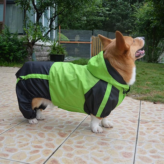 Lovelonglong Welsh Corgi Dog Hooded Raincoat, Dachshund Rain Jacket Poncho Waterproof Clothes with Hood Breathable 4 Feet Four Legs Rain Coats for Corgis Dachshund Green D-S